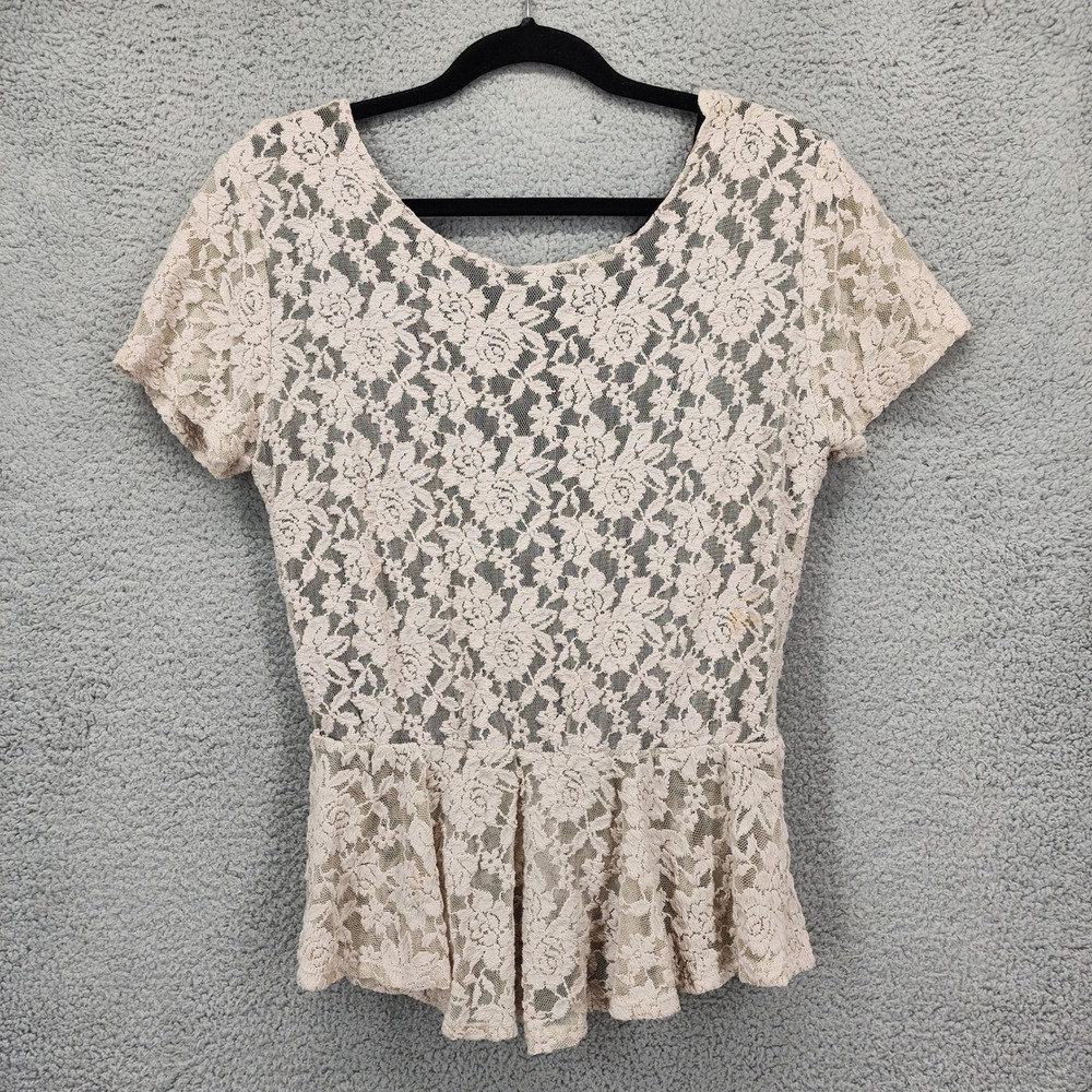The Pyramid Collection‎ Cream Floral Lace Peplum Top Scoop Back Small